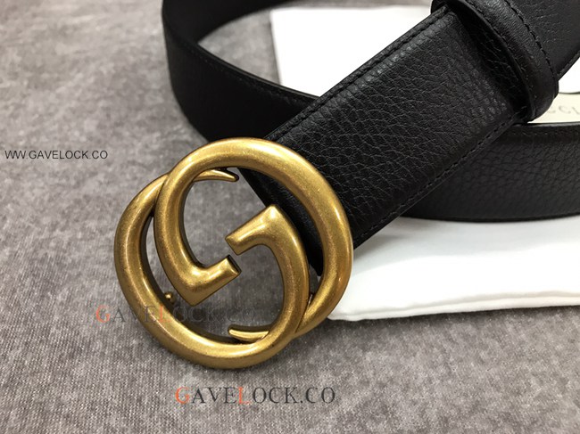 Gucci '70 Black Leather Belt Interlocking Brass G Buckle